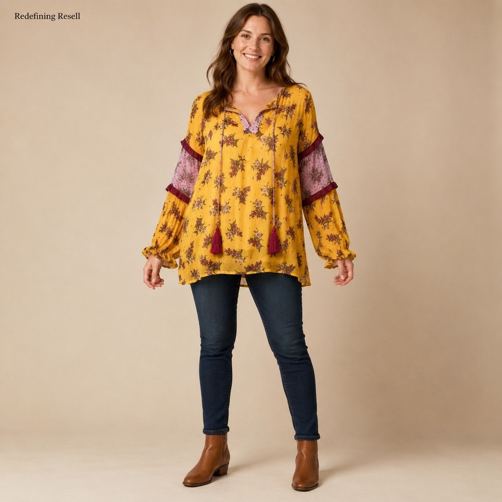 Sundance Mustard Yellow Floral Boho Peasant Blouse Tassel Tie Top Large